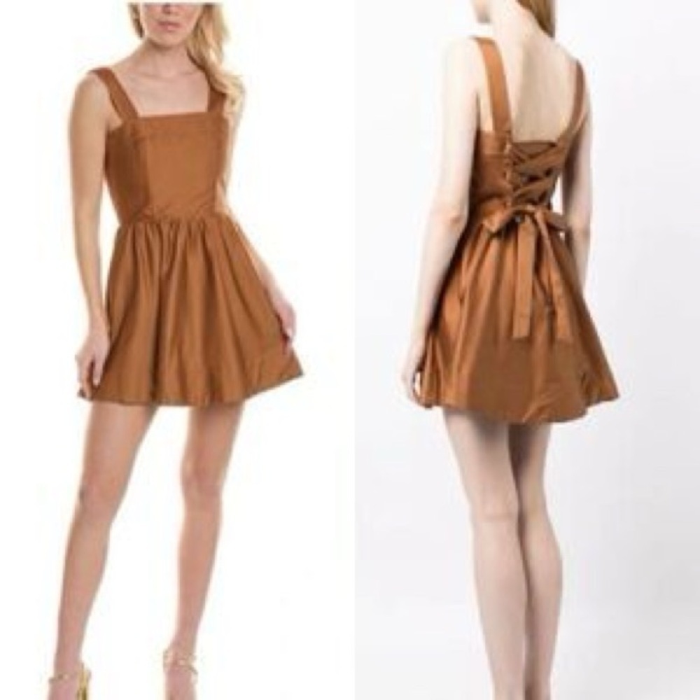Alice + Olivia Saige Tie Back Mini Dress in a camel color size 2
